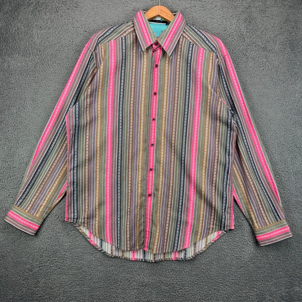 Robert Graham Mens Large Pink Brown Striped Long Sleeve Button Up Shirt L/G